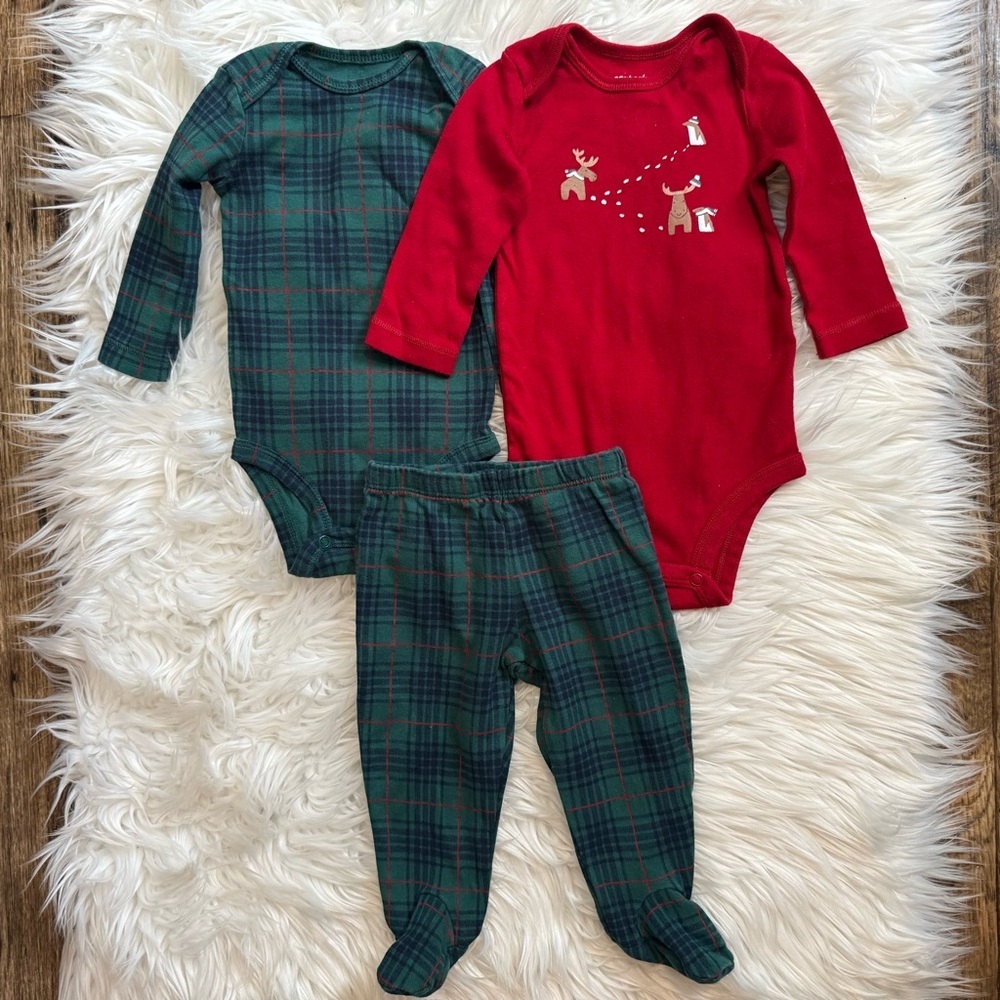 Carter’s Baby Boy Christmas Outfit 6M‎ Reindeer Plaid Set Footed Pants EUC
